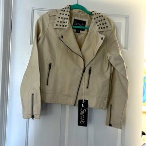 Beige Studded Leather Biker Jacket